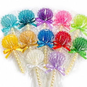12 CLAMSHELL LOLLIPOPS with Faux Pearl Sticks - Mermaid Party Favors, Baby Shower Favors