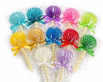 12 CLAMSHELL LOLLIPOPS with Faux Pearl Sticks - Mermaid Party Favors, Baby Shower Favors