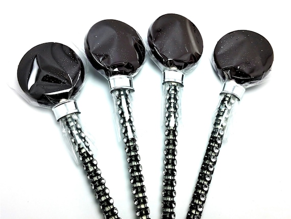 12 BLACK LOLLIPOPS with Bling Sticks - Wedding Bridal Shower Favors, New Years Eve Party Favors Il_570xn