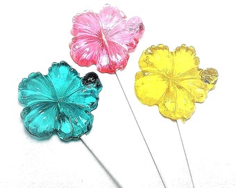 12 LARGE HIBISCUS LOLLIPOPS on 6 Inch Stick- Garden Tea Party Favors, Flowers, Wedding