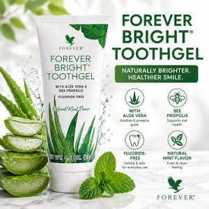 May include: A white tube of Forever Bright Toothgel with green text and aloe vera graphics. The label states 4.6 oz (130 g), fluoride-free, with aloe vera and bee propolis. Features include natural mint flavor, soothing properties, and oral health support.