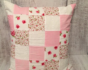 Rose patchwork Eyelet pillow cover/ Decor Pillow cover/ Shabby Chic pillow covers