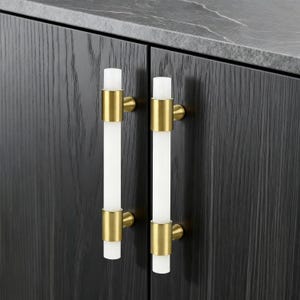 Peut inclure: Gros plan sur deux portes d'armoires avec quincaillerie blanche et dorée. Les portes sont en bois foncé avec un grain texturé. Les poignées sont des tiges cylindriques blanches avec des accents dorés.