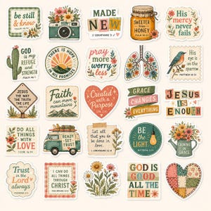 May include: A collection of twenty-five die-cut stickers featuring various illustrations including a camera, a honey jar, a cactus, a van, a watering can, and floral motifs, each paired with inspirational religious text and scripture references.