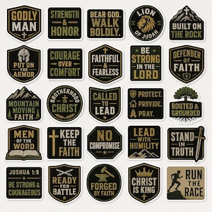 Puede incluir: Una colección de veinticinco pegatinas negras y doradas con textos religiosos y motivacionales. Los diseños incluyen escudos, círculos y cuadrados con frases como Godly Man, Lion of Judah, Built on the Rock y Joshua 1:9, junto con varios iconos.