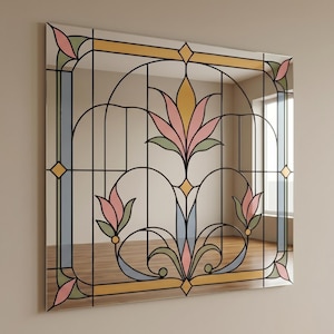 UV printed mirror wall decor with a stained glass look floral Art Deco pattern in pastel pink, blue, green, and gold on a reflective surface.