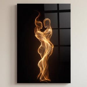 Vlam paar glazen muur kunst print, abstract romantisch silhouet, gouden vuur dans op zwart, decor van gehard glas, moderne luxe statement