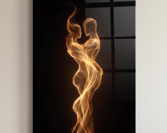 Flame Couple Glass Wall Art Print,Abstract Romantic Silhouette,Golden Fire Dance on Black,Tempered Glass Wall Decor, Modern Luxury Statement