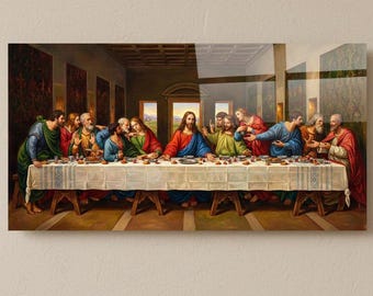 Impresión de arte mural de vidrio de La Última Cena, decoración cristiana de pared en vidrio templado de 4 mm, obra de arte sacro de inspiración renacentista, pieza llamativa para comedor.