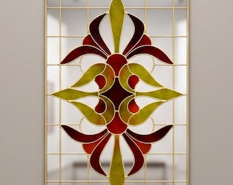 Stained Glass Look Mirror Wall Art, Art Deco Floral UV Print on Mirror, Vintage Geometric Decorative Panel, Elegant Vitray Style Gift