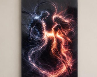 Twin Flame Glass Wall Art, Dark Romantic Couple Artwork, Fire and Ice Fantasy Lovers Print, High Quality Glass Wall Decor Gift