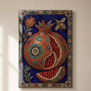 May include: A rectangular wall art piece featuring a vibrant pomegranate with intricate red, gold, and blue geometric patterns. The design includes a single bee, a tulip, and a pomegranate slice against a deep blue background with a decorative border.