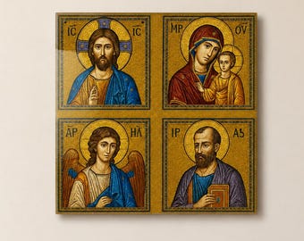 Arte mural de vidrio con íconos bizantinos de cuatro paneles, Cristo, Virgen María, Niño Arcángel, decoración cristiana con mosaico dorado, panel de vidrio templado.