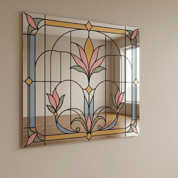 Art Deco Floral Mirror Wall Decor, Stained Glass Look UV Printed Mirror, Vintage Vitray Style Pastel Geometric Panel Artwork Gift