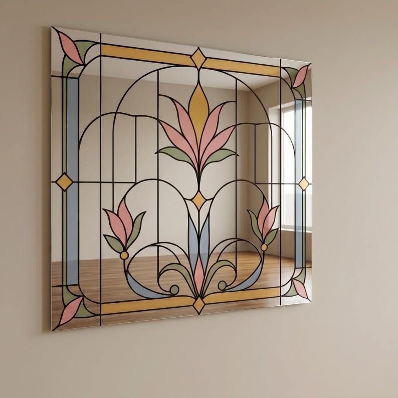 UV printed mirror wall decor with a stained glass look floral Art Deco pattern in pastel pink, blue, green, and gold on a reflective surface.