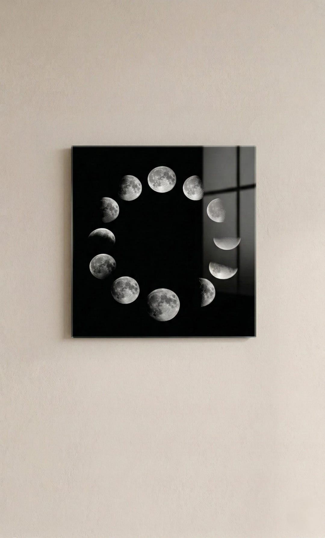 Lunar Phases Glass Wall Art – UV Printed Moon Phase Circle – Black ...