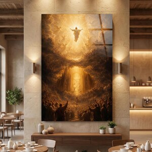 UV printed tempered glass wall art featuring Jesus Ascension in radiant golden light above a crowd, dramatic clouds and heavenly glow, Christian religious decor