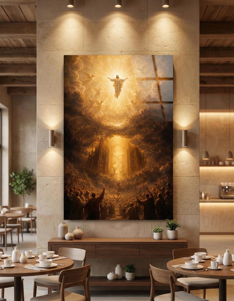 UV printed tempered glass wall art featuring Jesus Ascension in radiant golden light above a crowd, dramatic clouds and heavenly glow, Christian religious decor