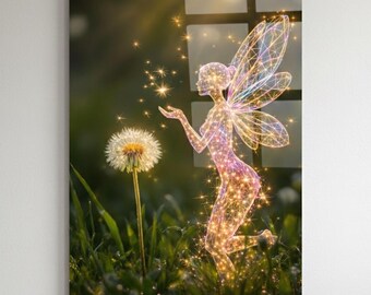 Glowing Fairy Glass Wall Art – Sparkling Dandelion Meadow Fantasy Decor – UV Printed 4mm Tempered Glass Whimsical Nature Panel
