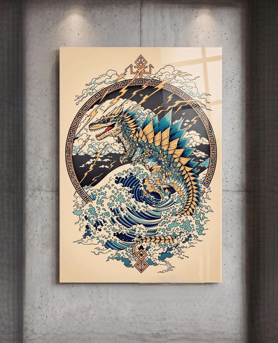 Dragon Glass Wall Art Japanese Wave Wall Decor Mythology Dragon Artwork ...