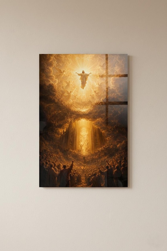 Jesus Ascension Glass Wall Art – UV Printed Christian Decor on 4mm Tempered Glass – Heavenly Golden Light Religious Artwork Panel Gift