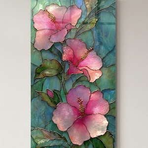 May include: A vertical artwork featuring three pink hibiscus flowers with green leaves against a teal background. The flowers have detailed petals and golden stamens. The artwork is likely a painting or a stained glass piece.