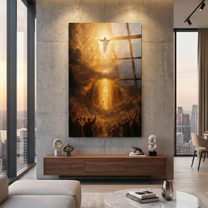 UV printed tempered glass wall art featuring Jesus Ascension in radiant golden light above a crowd, dramatic clouds and heavenly glow, Christian religious decor