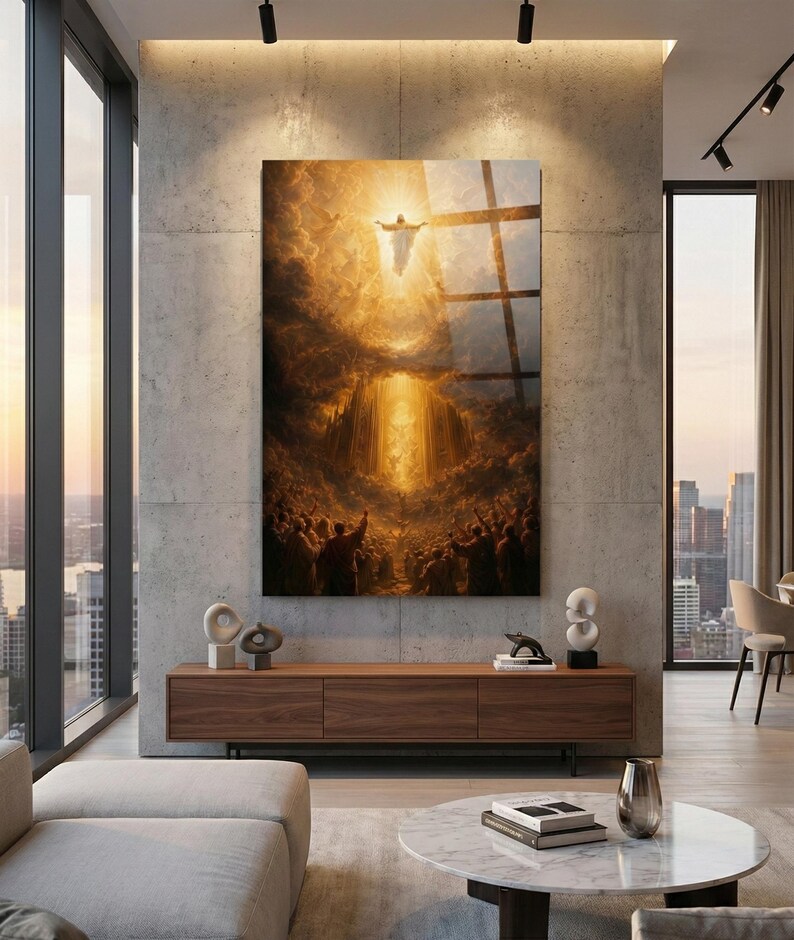 UV printed tempered glass wall art featuring Jesus Ascension in radiant golden light above a crowd, dramatic clouds and heavenly glow, Christian religious decor