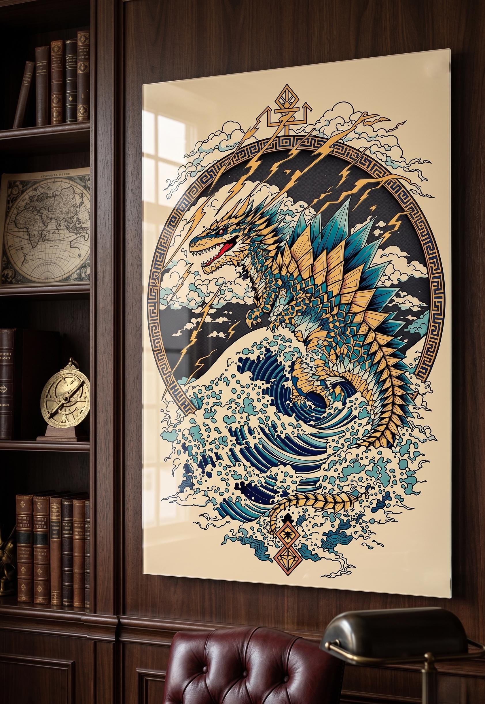 Dragon Glass Wall Art Japanese Wave Wall Decor Mythology Dragon Artwork ...