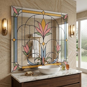 UV printed mirror wall decor with a stained glass look floral Art Deco pattern in pastel pink, blue, green, and gold on a reflective surface.
