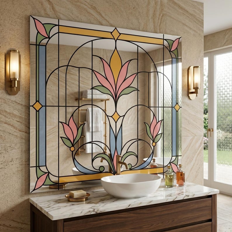 UV printed mirror wall decor with a stained glass look floral Art Deco pattern in pastel pink, blue, green, and gold on a reflective surface.
