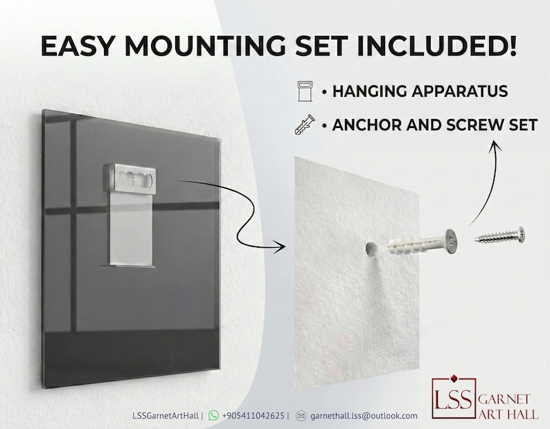 May include: Image showing the back of a framed art piece with a metal hanging apparatus attached. The text "EASY MOUNTING SET INCLUDED!" is displayed, along with illustrations of a hanging apparatus and an anchor and screw set.