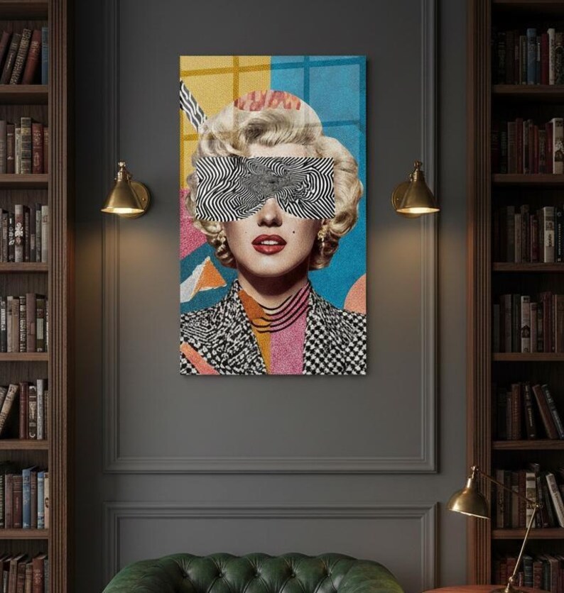 May include: A vertical glass wall art featuring a retro blonde woman portrait with black-and-white zebra pattern sunglasses, red lips, and a colorful geometric background.