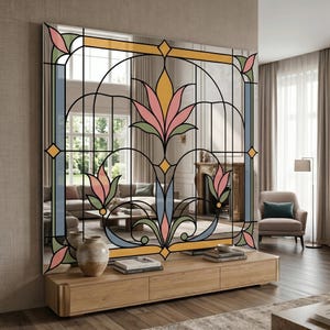 UV printed mirror wall decor with a stained glass look floral Art Deco pattern in pastel pink, blue, green, and gold on a reflective surface.