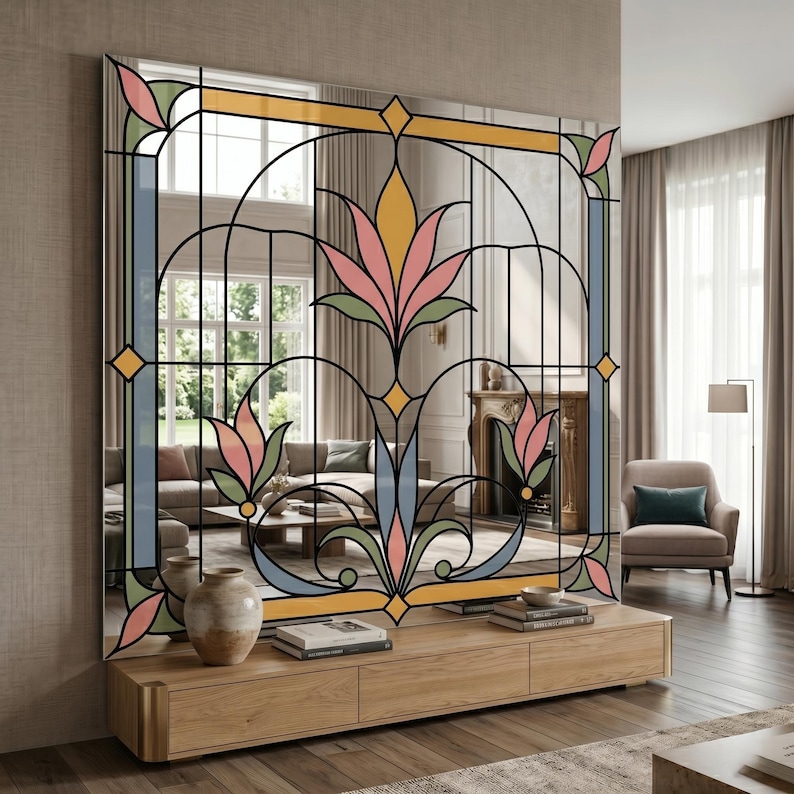 UV printed mirror wall decor with a stained glass look floral Art Deco pattern in pastel pink, blue, green, and gold on a reflective surface.