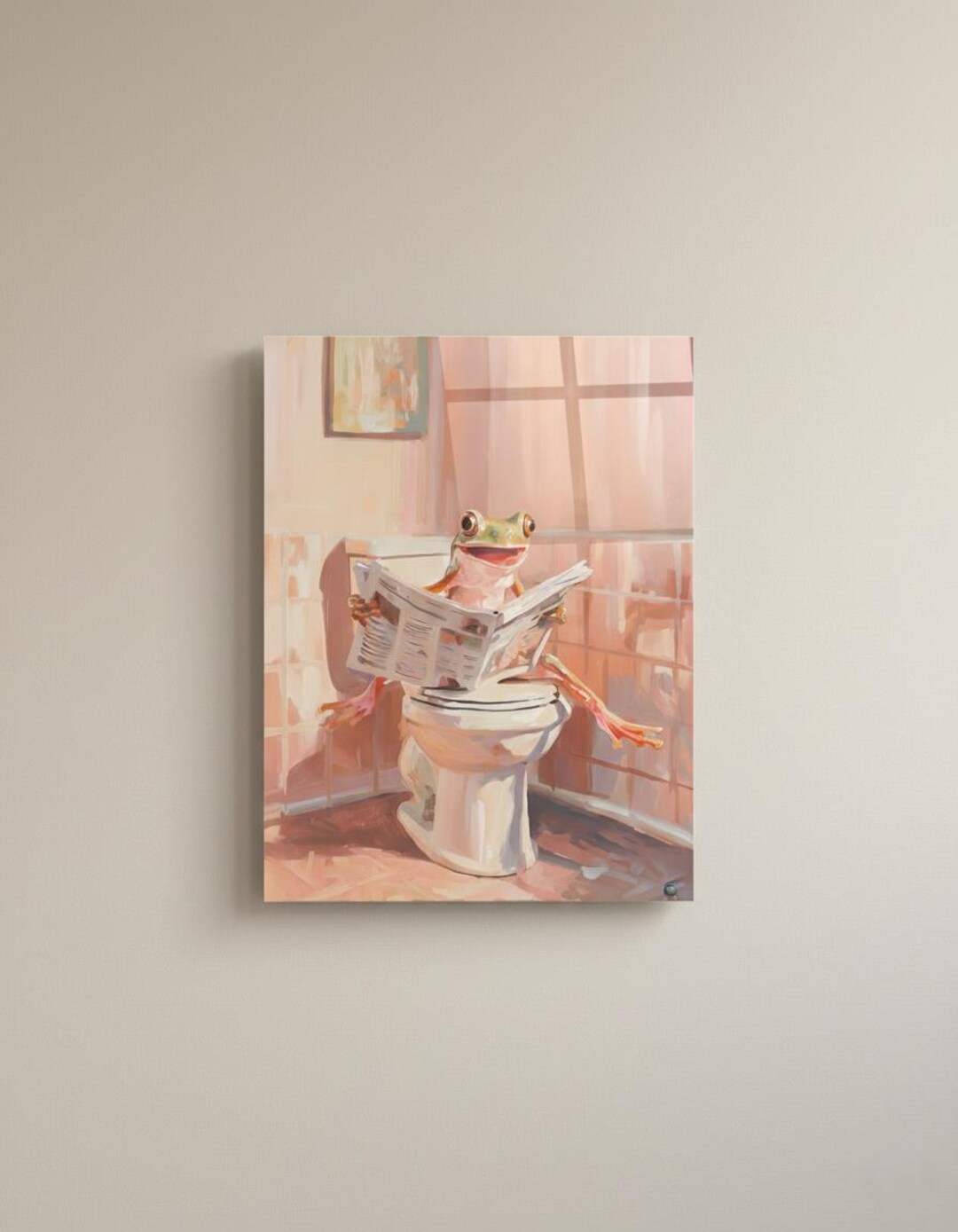 Funny Frog Bathroom Glass Wall Art – Frog on Toilet Reading Newspaper ...