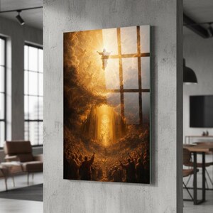 UV printed tempered glass wall art featuring Jesus Ascension in radiant golden light above a crowd, dramatic clouds and heavenly glow, Christian religious decor