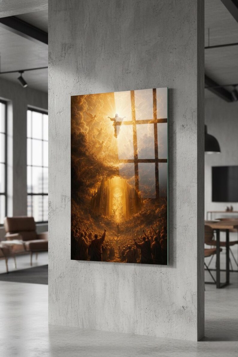 UV printed tempered glass wall art featuring Jesus Ascension in radiant golden light above a crowd, dramatic clouds and heavenly glow, Christian religious decor