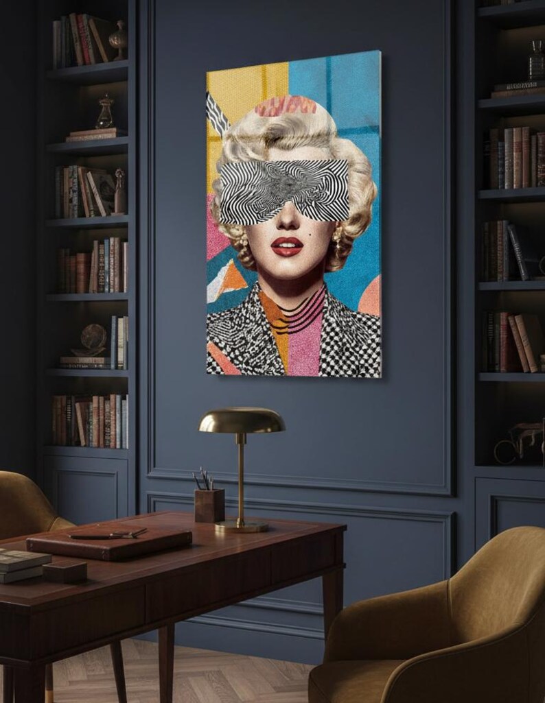May include: A vertical glass wall art featuring a retro blonde woman portrait with black-and-white zebra pattern sunglasses, red lips, and a colorful geometric background.