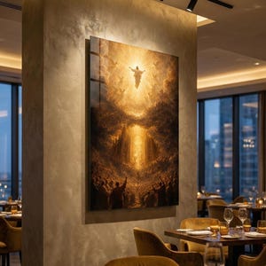 UV printed tempered glass wall art featuring Jesus Ascension in radiant golden light above a crowd, dramatic clouds and heavenly glow, Christian religious decor