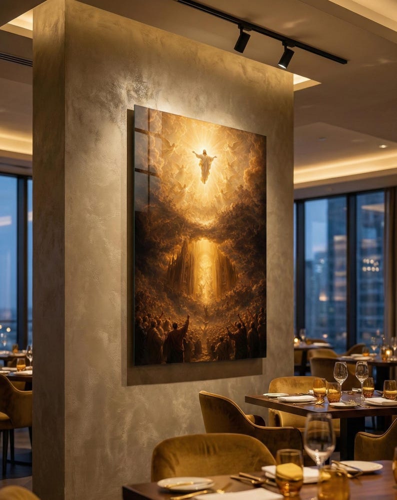 UV printed tempered glass wall art featuring Jesus Ascension in radiant golden light above a crowd, dramatic clouds and heavenly glow, Christian religious decor
