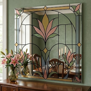 UV printed mirror wall decor with a stained glass look floral Art Deco pattern in pastel pink, blue, green, and gold on a reflective surface.