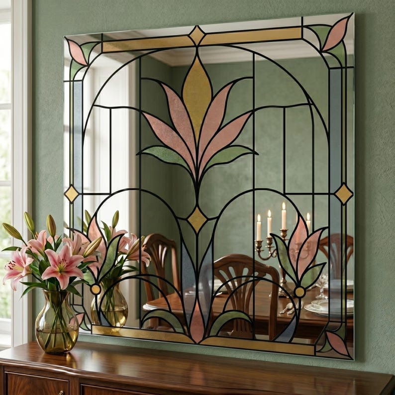 UV printed mirror wall decor with a stained glass look floral Art Deco pattern in pastel pink, blue, green, and gold on a reflective surface.