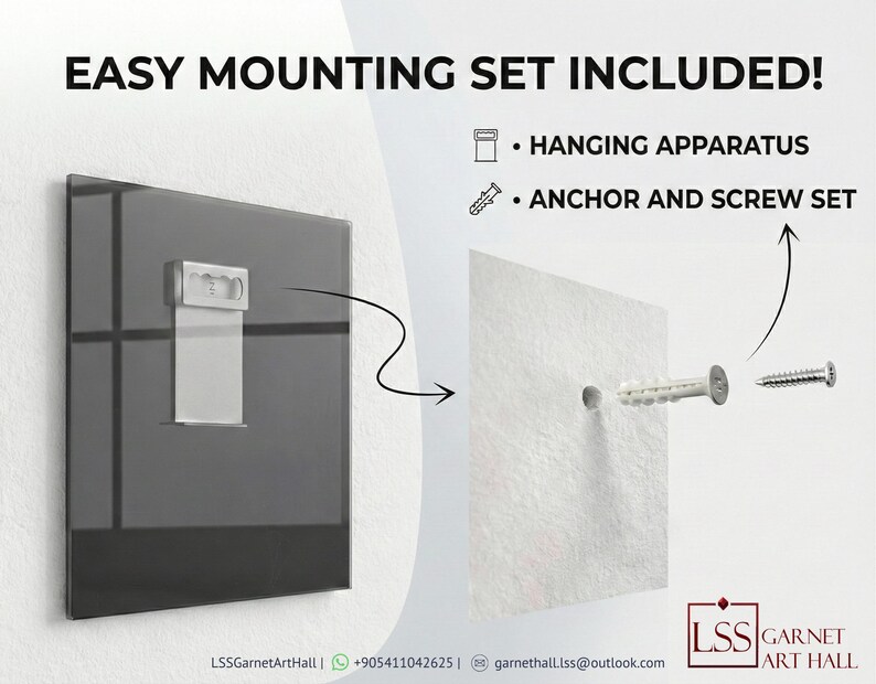 Puede incluir: Imagen que muestra la parte posterior de una obra de arte enmarcada con un aparato para colgar. Se muestra el texto "EASY MOUNTING SET INCLUDED!", junto con ilustraciones de un aparato para colgar y un juego de anclaje y tornillos. La obra de arte est&aacute; montada en una pared blanca.