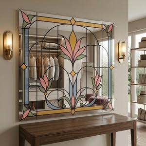 UV printed mirror wall decor with a stained glass look floral Art Deco pattern in pastel pink, blue, green, and gold on a reflective surface.