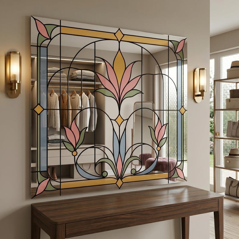 UV printed mirror wall decor with a stained glass look floral Art Deco pattern in pastel pink, blue, green, and gold on a reflective surface.
