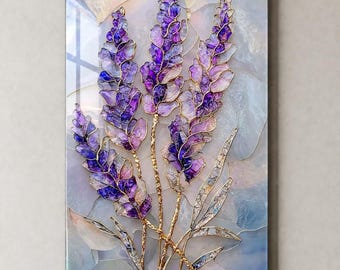Lavender Glass Wall Art, Purple Floral UV Printed Tempered Glass Panel, Stained Glass Look Botanical Artwork, Elegant Flower Gift Decor