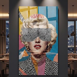 May include: A vertical glass wall art featuring a retro blonde woman portrait with black-and-white zebra pattern sunglasses, red lips, and a colorful geometric background.