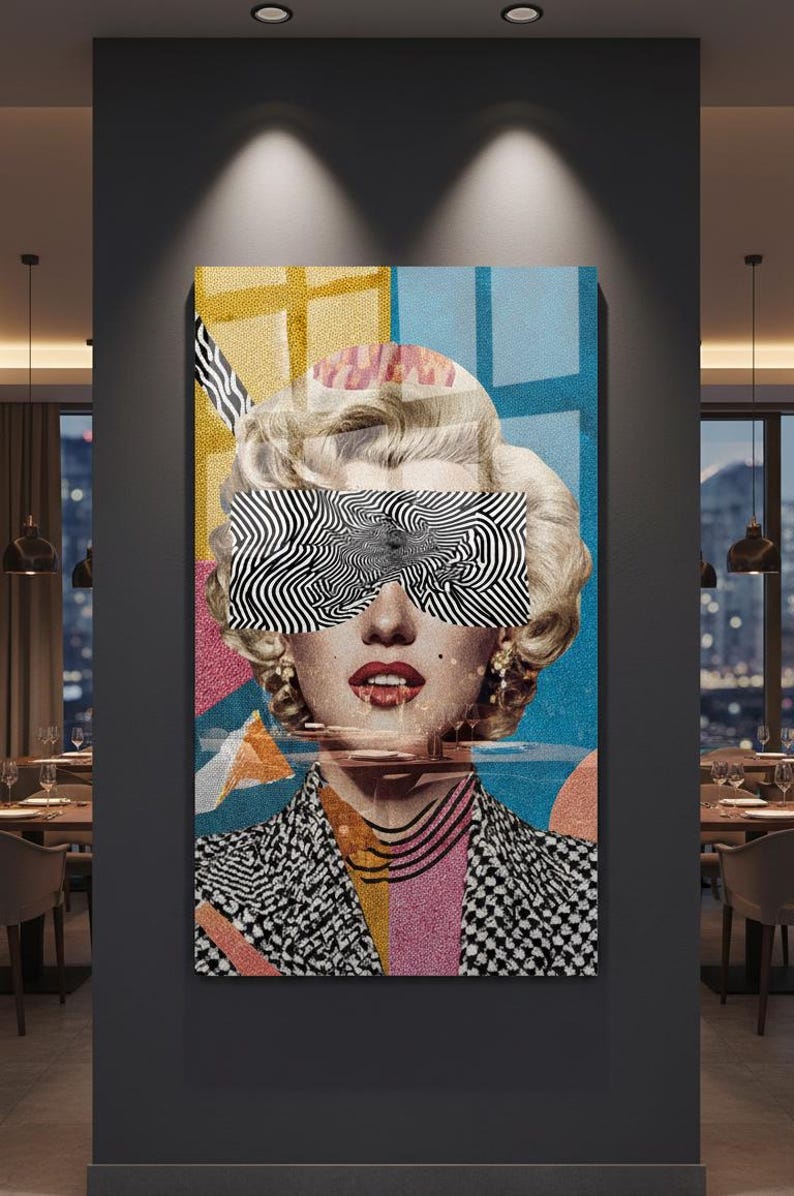May include: A vertical glass wall art featuring a retro blonde woman portrait with black-and-white zebra pattern sunglasses, red lips, and a colorful geometric background.