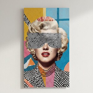 May include: A vertical glass wall art featuring a retro blonde woman portrait with black-and-white zebra pattern sunglasses, red lips, and a colorful geometric background.
